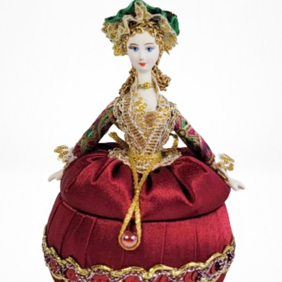 LADY IN RED HANDMADE AND HAND PAINTED COLLECTIBLE PORCELAIN DOLL STORAGE BOX - Picture 2 of 6